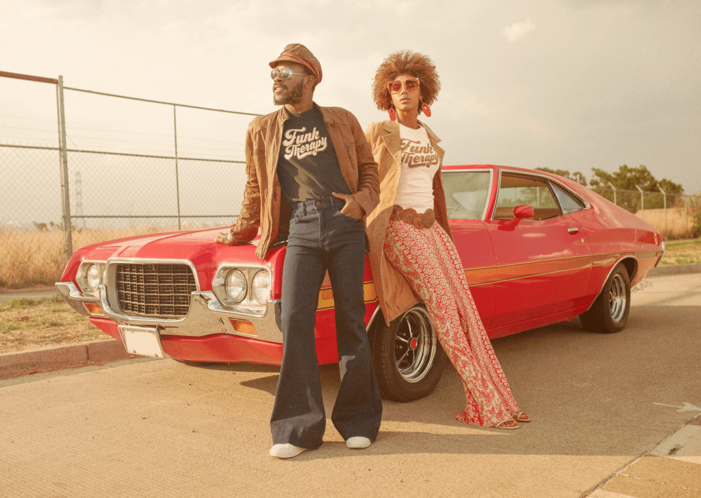 t-shirt -featuring-a-man-and-a-woman-posing-by-a-70s-car-